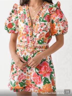 FARM RIO Floral Puff-Sleeve Belted Romper XS Pink & Orange strawberries 32/24/34